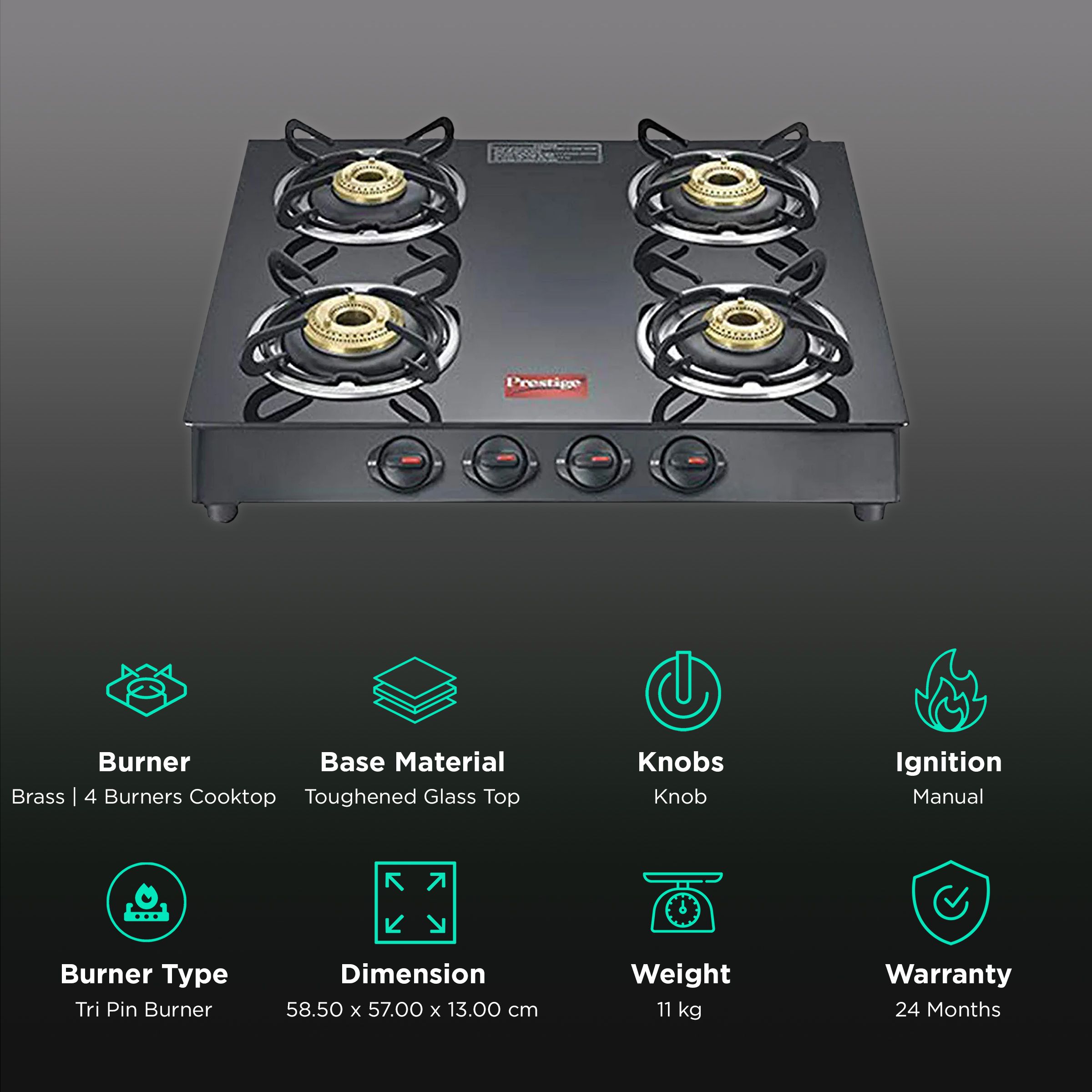 Buy Prestige Marvel Plus Toughened Glass Top 4 Burner Manual Gas Stove